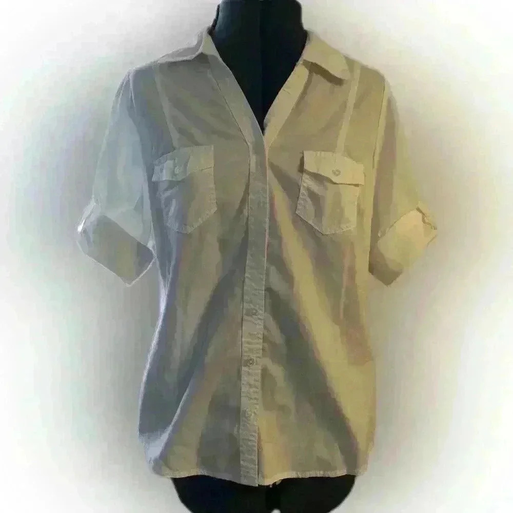 St John's Bay 3/4 Sleeve White Button Down Career Shirt Women Medium Petite